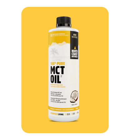 North Coast Naturals 100% Pure MCT Oil bottle with nozzle, showing clear liquid and label for energy, focus, and ketogenic fuel.
