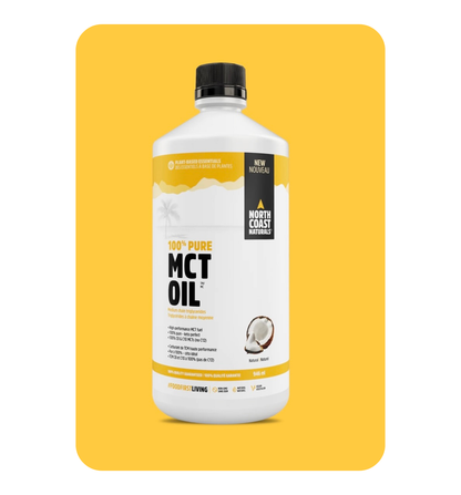 North Coast Naturals 100% Pure MCT Oil bottle with a clear label, shown on a white background, highlighting energy and ketogenic support.