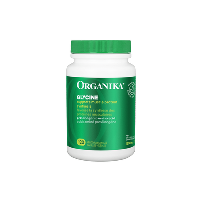 Organika Glycine supplement bottle with white label, showing capsules and product information for sleep and nervous system support