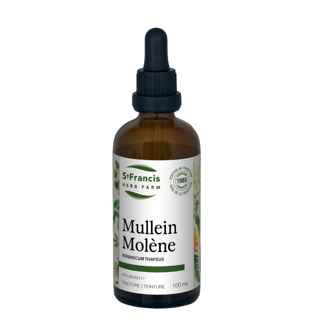 St. Francis Mullein Tincture for lung and respiratory support, featuring a dark glass bottle with dropper cap and herbal label.