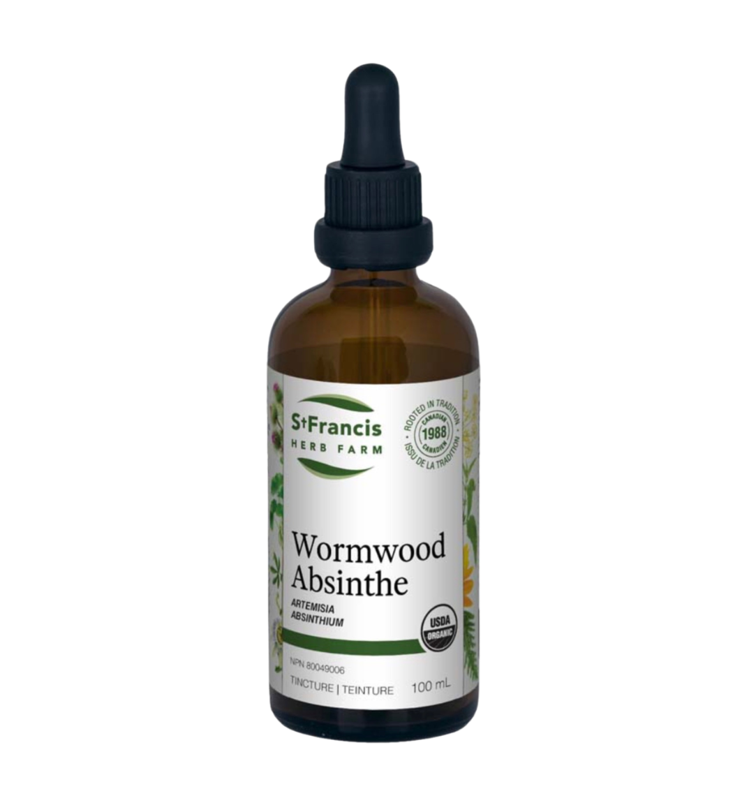 St. Francis Wormwood Tincture bottle for digestive health and parasite cleanse, with herbal ingredients and dropper cap visible.