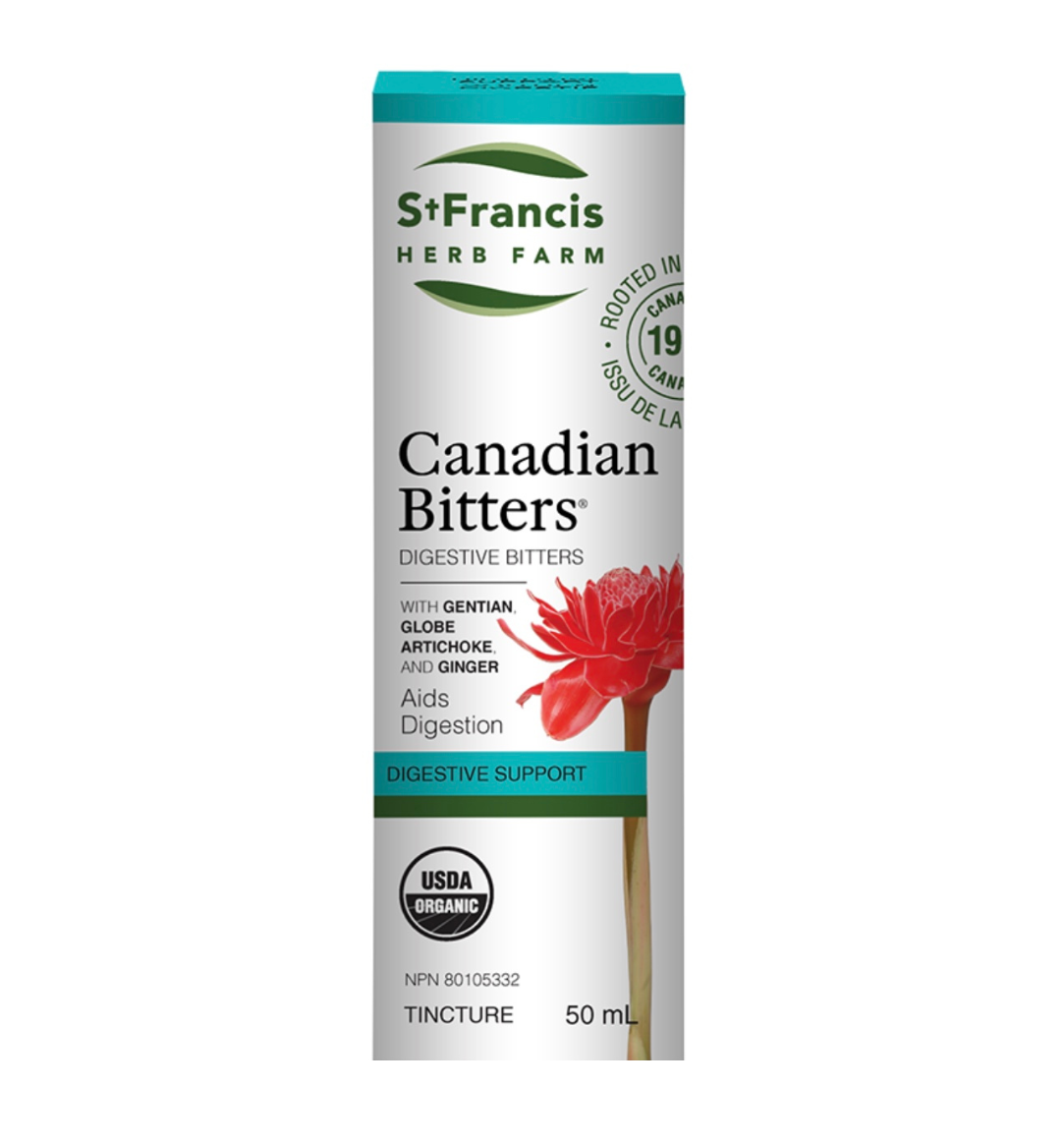 St. Francis Canadian Bitters Maple bottle with label, showcasing digestive bitters for bloating and gut support.