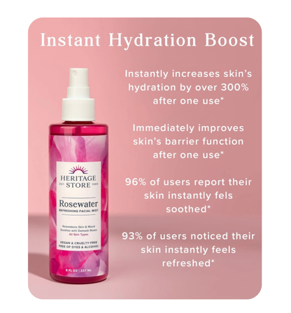 Heritage Store Rosewater Spray facial mist, hydrating skin and beauty mist with fresh rosewater in a spray bottle.