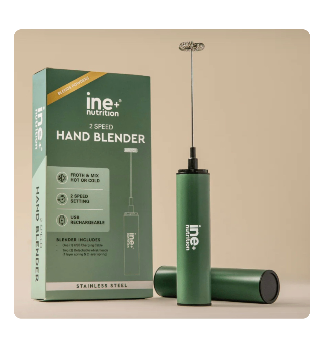 Ine+ Nutrition hand blender with portable design for making shakes, smoothies, and supplement mixes in a compact, handheld device.