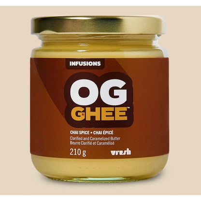 OG Ghee Chai Spice Ghee 210g jar with clarified, caramelized butter infused with chai spices in a glass container.