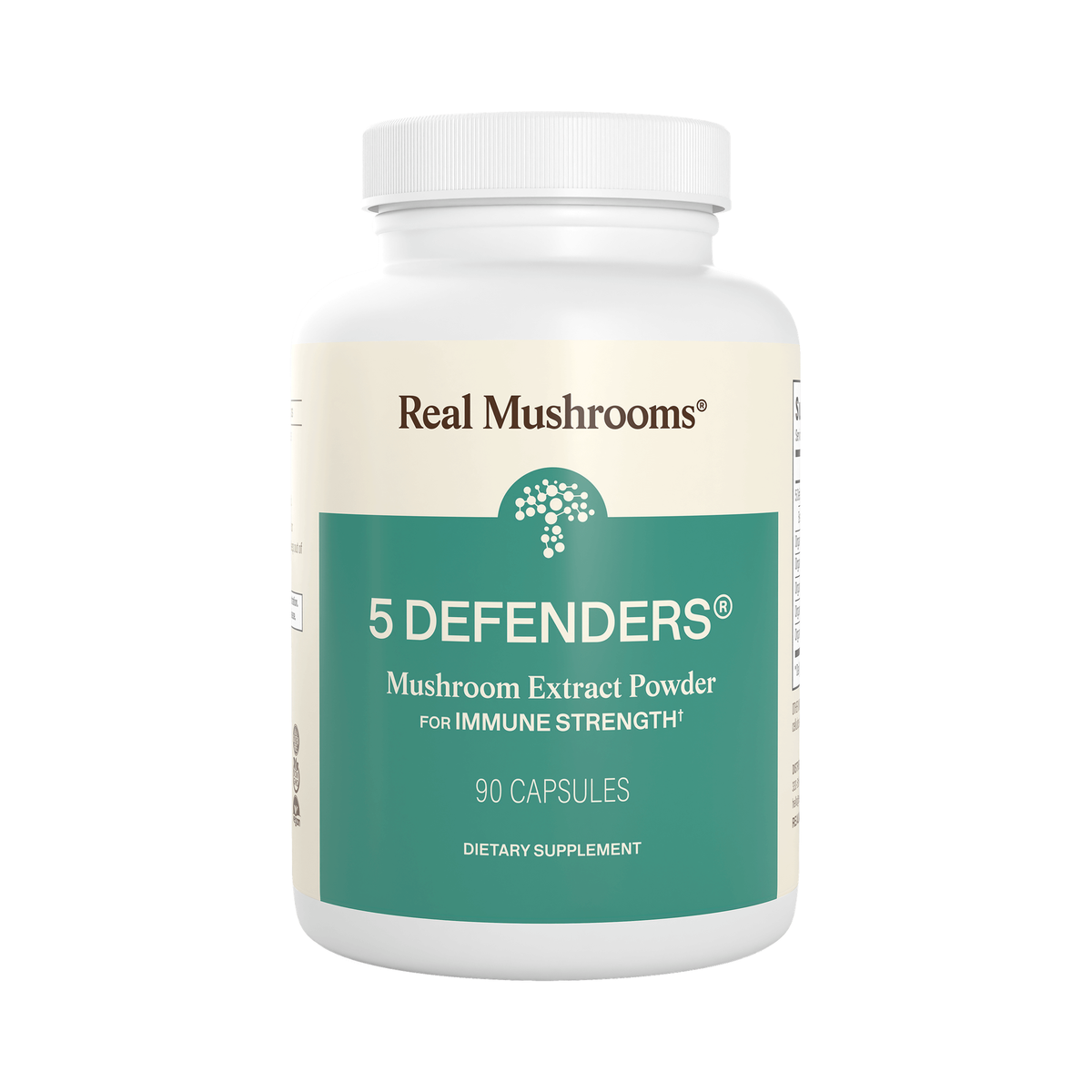 Real Mushrooms 5 Defenders Organic Mushroom Blend Capsules, 90 count bottle on white background