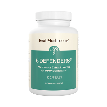 Real Mushrooms 5 Defenders Organic Mushroom Blend Capsules, 90 count bottle on white background