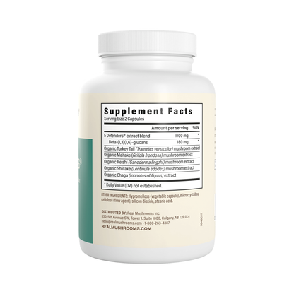 Real Mushrooms 5 Defenders supplement facts panel — 1000mg 5-mushroom extract blend, 180mg beta-glucans per serving