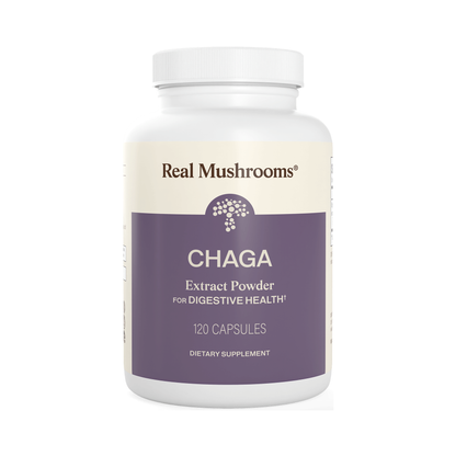 Real Mushrooms Organic Chaga Extract Capsules, 120 count bottle on white background