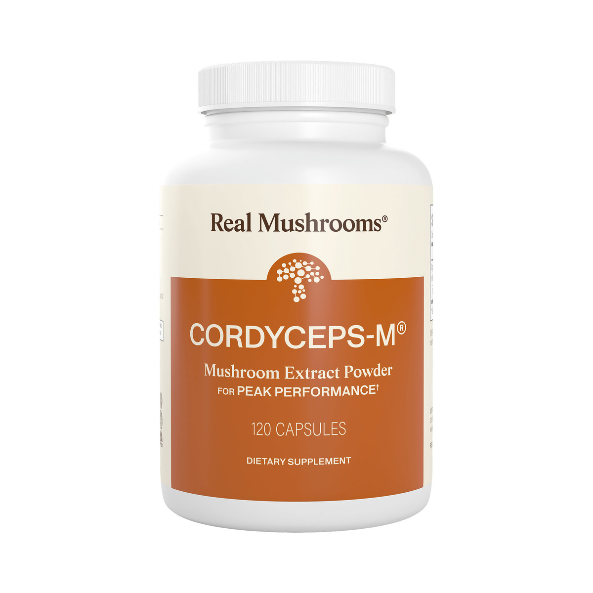 Real Mushrooms Organic Cordyceps-M Extract Capsules, 120 count bottle on white background