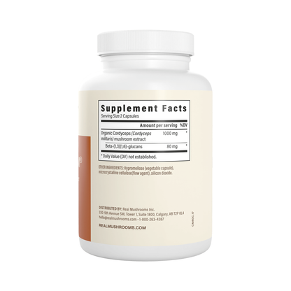 Real Mushrooms Cordyceps supplement facts panel — 1000mg organic Cordyceps militaris extract, 80mg beta-glucans per serving
