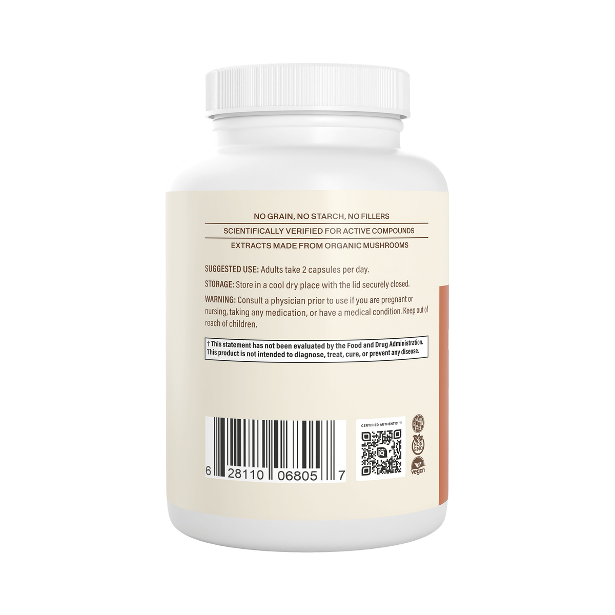 Real Mushrooms Cordyceps usage directions, storage, and certification icons