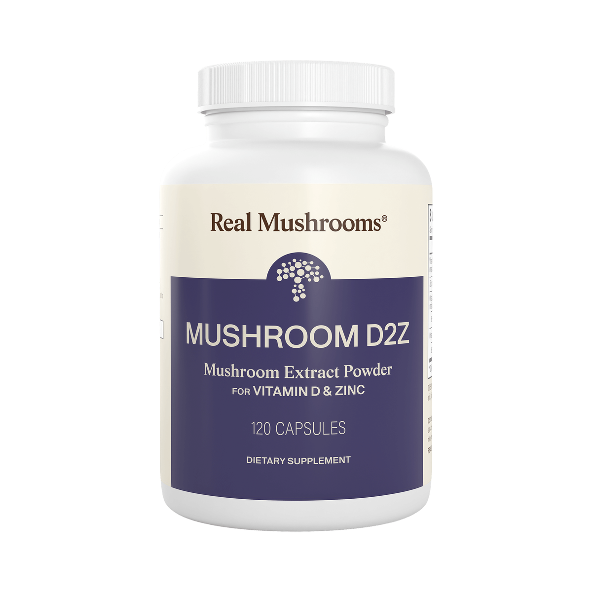 Real Mushrooms D2Z Vitamin D and Zinc with Reishi and Chaga, 120 count bottle on white background