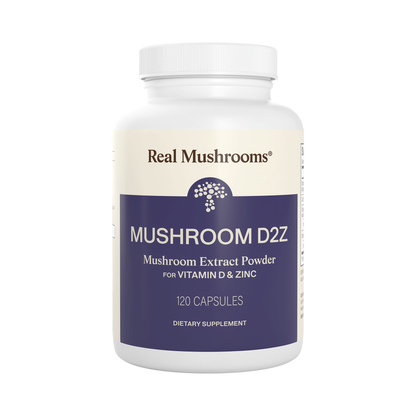 Real Mushrooms D2Z Vitamin D and Zinc with Reishi and Chaga, 120 count bottle on white background