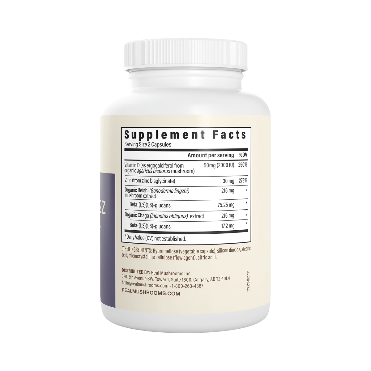 Real Mushrooms D2Z supplement facts panel — 2000 IU vitamin D, 30mg zinc bisglycinate, organic Reishi and Chaga extract per serving