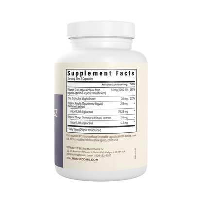 Real Mushrooms D2Z supplement facts panel — 2000 IU vitamin D, 30mg zinc bisglycinate, organic Reishi and Chaga extract per serving