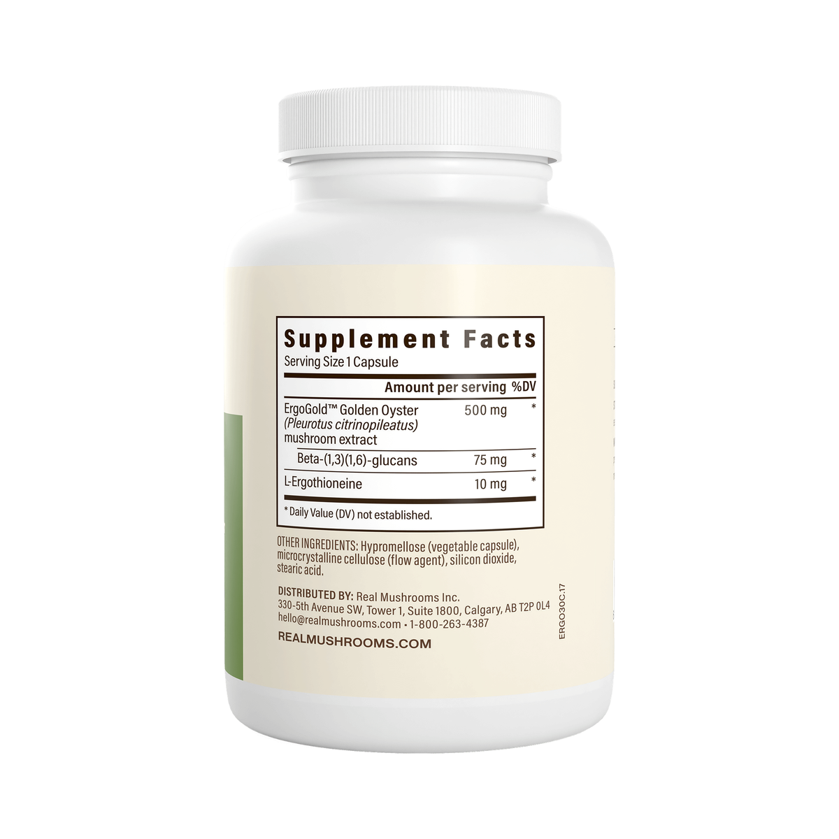 Real Mushrooms Ergo+ supplement facts panel — 500mg ErgoGold Golden Oyster extract, 75mg beta-glucans, 10mg L-ergothioneine per capsule