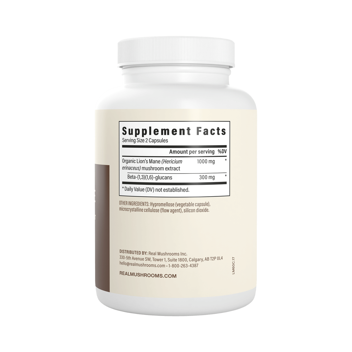 Real Mushrooms Lion's Mane supplement facts panel — 1000mg organic Lion's Mane extract, 300mg beta-glucans per serving
