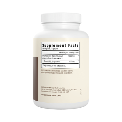 Real Mushrooms Lion's Mane supplement facts panel — 1000mg organic Lion's Mane extract, 300mg beta-glucans per serving