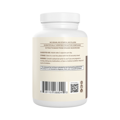 Real Mushrooms Lion's Mane usage directions, storage, and certification icons