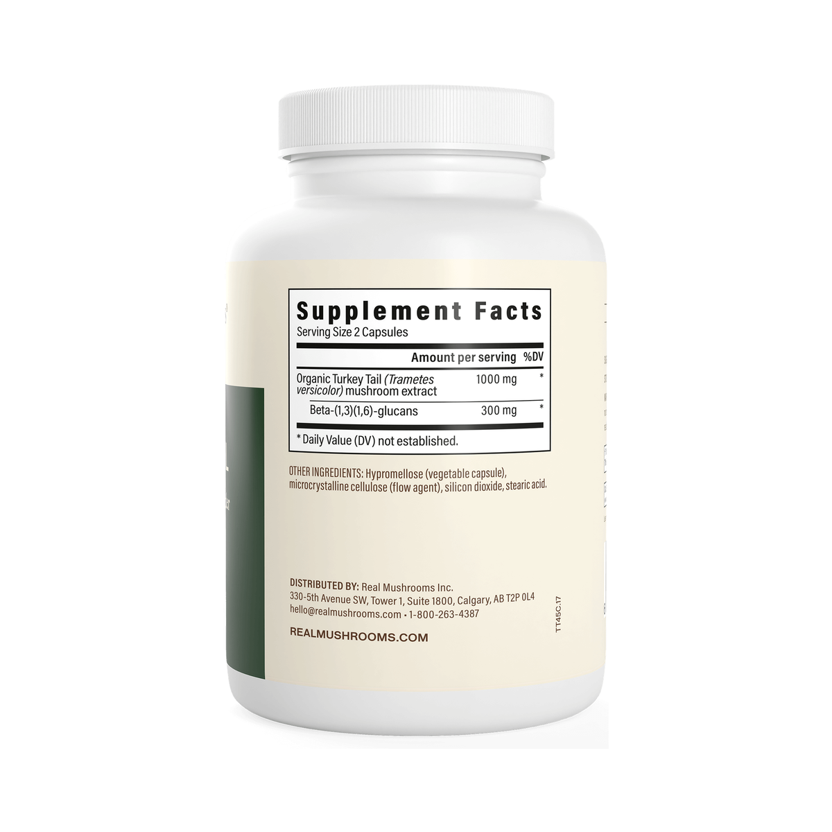 Real Mushrooms Turkey Tail supplement facts panel — 1000mg organic Turkey Tail extract, 300mg beta-glucans per serving