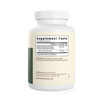 Real Mushrooms Turkey Tail supplement facts panel — 1000mg organic Turkey Tail extract, 300mg beta-glucans per serving
